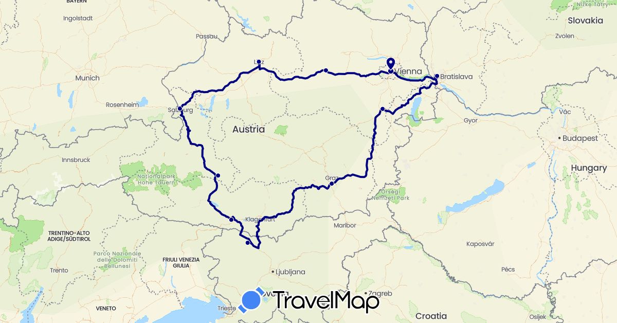 TravelMap itinerary: driving in Austria, Slovenia, Slovakia (Europe)